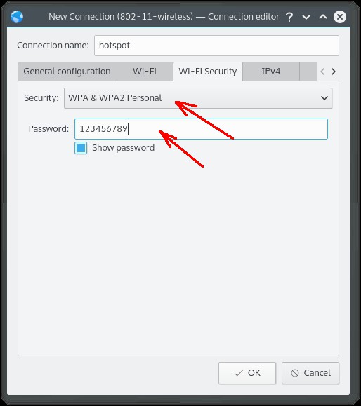 KDE Network Manager - свойства WiFi соединения, вкладка Безопасность (Security Tab)