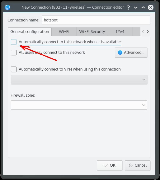 KDE Network Manager - свойства WiFi соединения, вкладка Общие (General Tab)